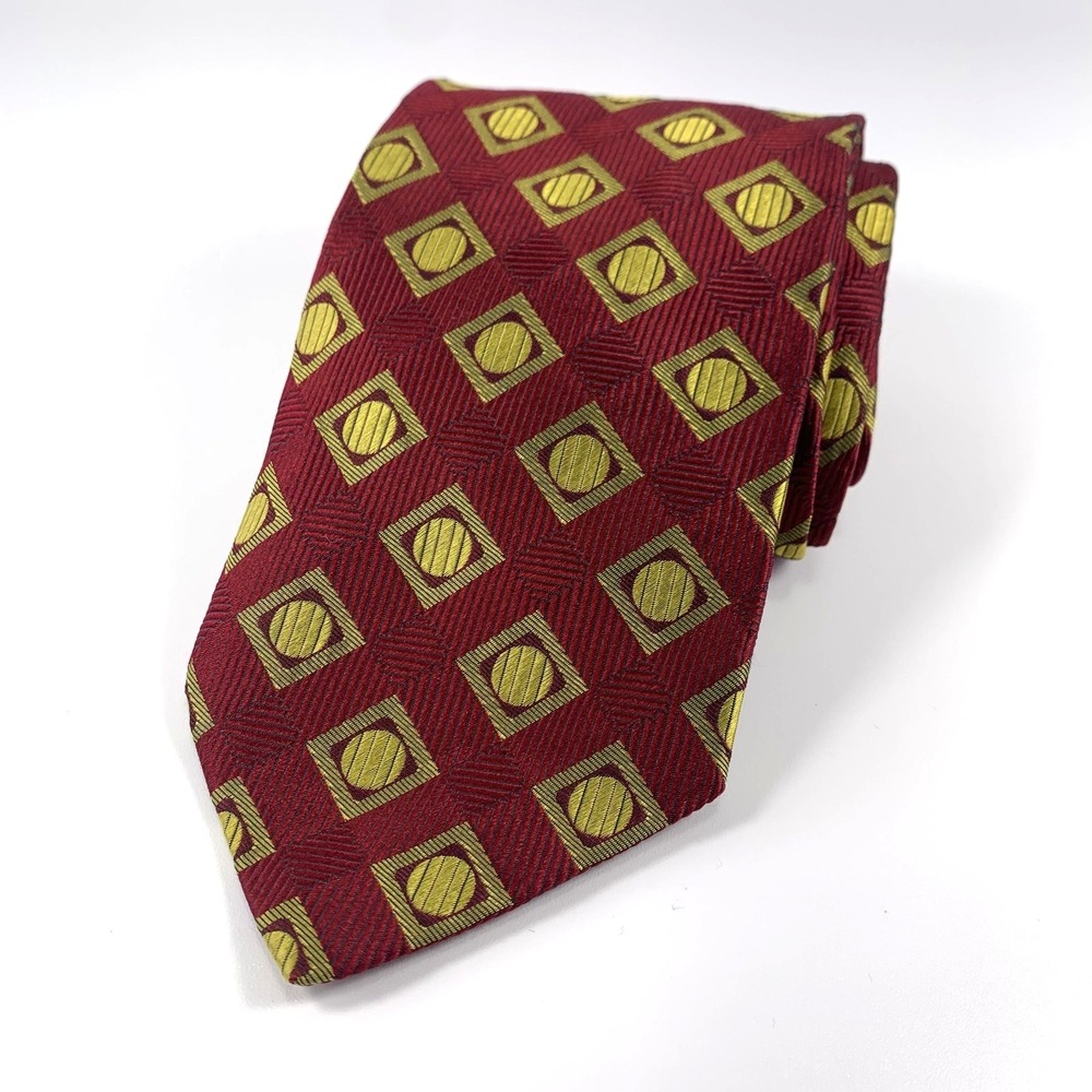 Bolgheri of Italy Mens Tie Crimson Maroon w Gold Geometric Design 100% Silk Repp